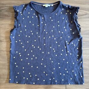 BODEN Faye jersey top Asphalt Grey, Blue W/ Gold Polka Dot, Ruffles Sz US 6 EUC